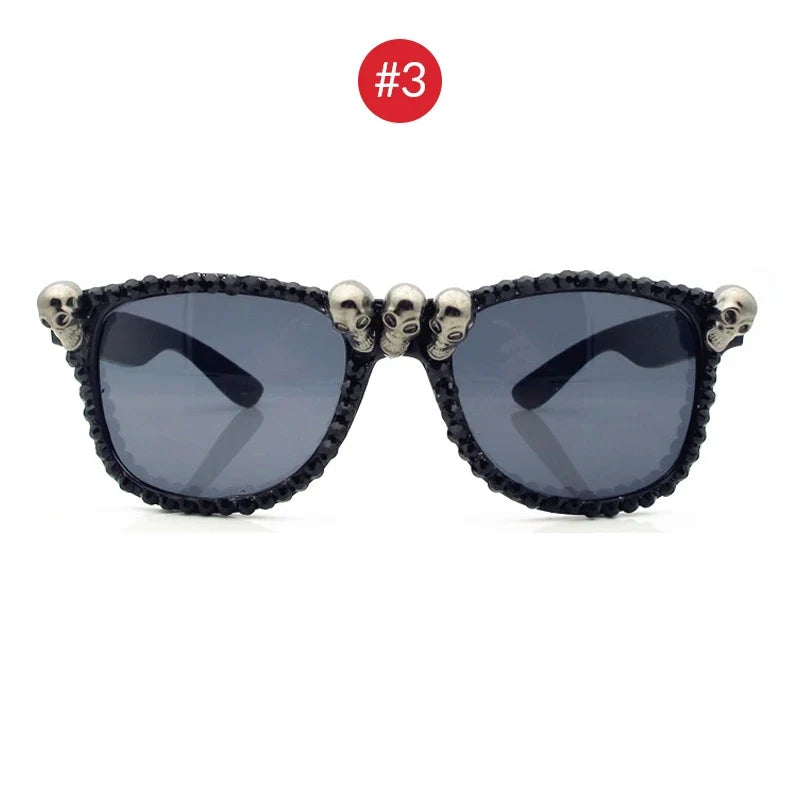 Women Vintage Skull Sunglasses Black Rhinestone Retro Cat Eye Sun Glasses for Ladies Round Gothic Halloween Shades