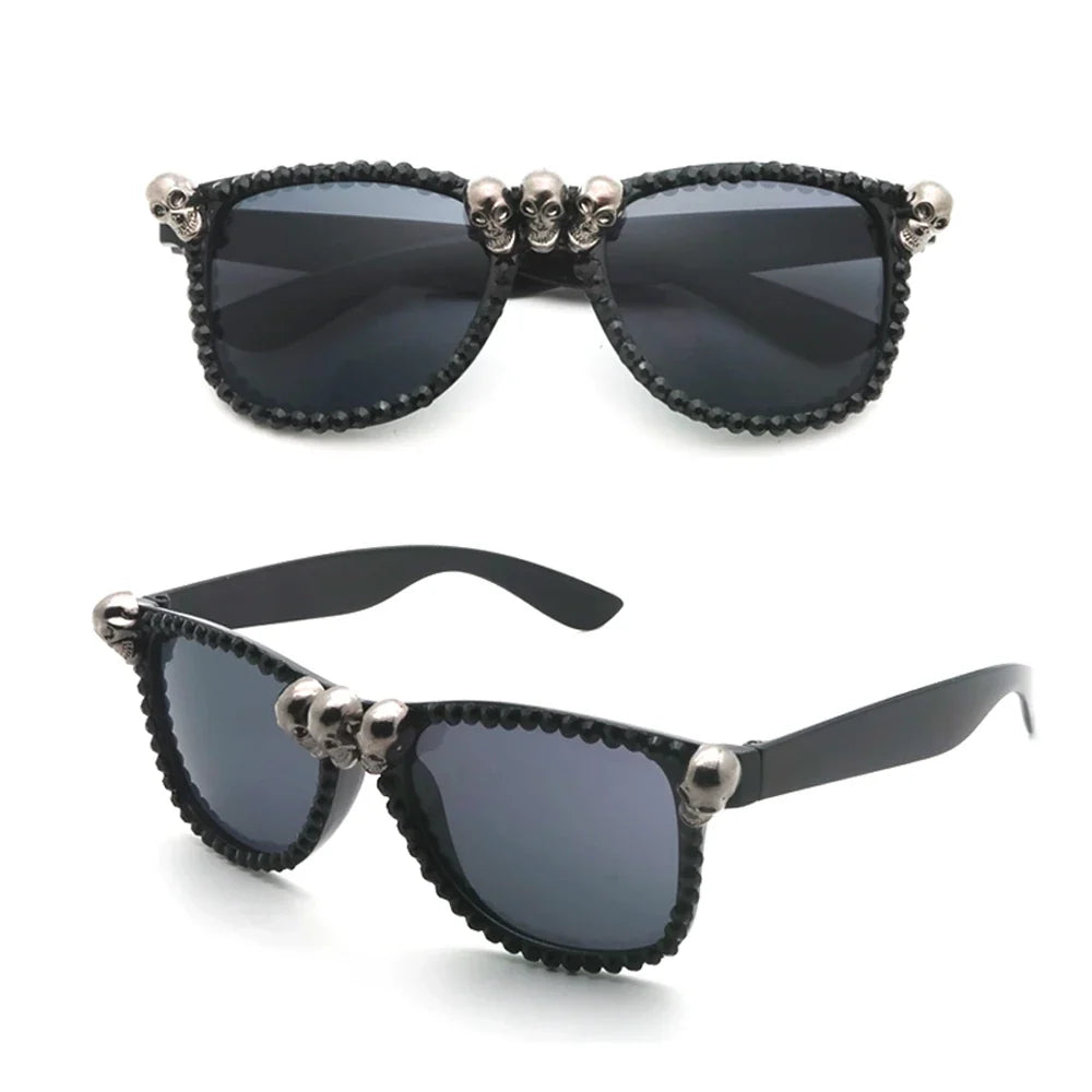 Women Vintage Skull Sunglasses Black Rhinestone Retro Cat Eye Sun Glasses for Ladies Round Gothic Halloween Shades