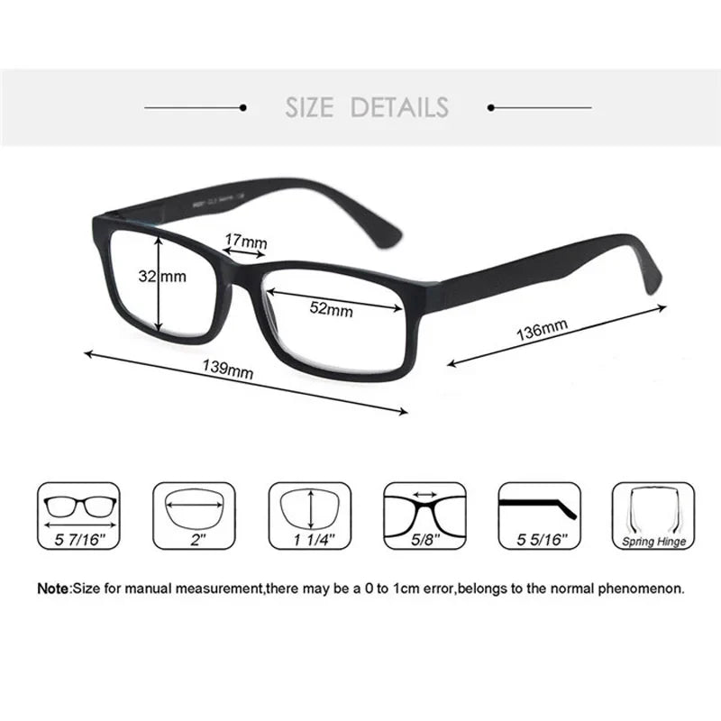 MODFANS Rectangular Classic Matte Frame, Solid-Color Temples, Reading Glasses for Men and Women, Prescription +1.0 to +4.0.