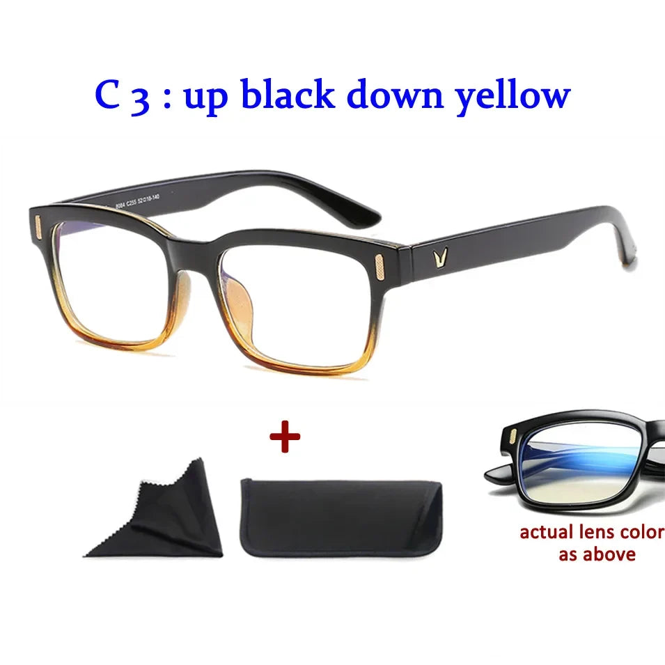 Men'S Anti-Blue Light Office Computer High Quality Black Shiny Frame Rivets Studded Glasses With Gold Pattern On The Temples.
