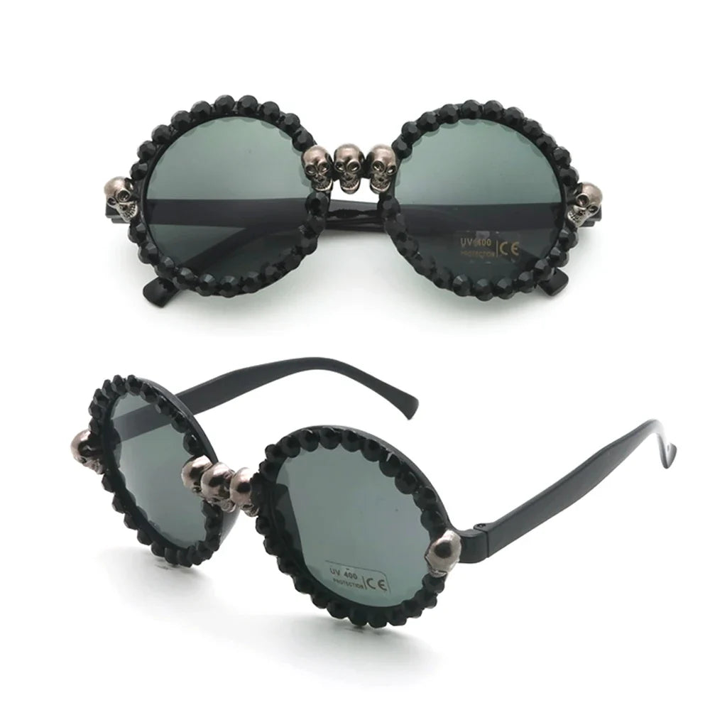 Women Vintage Skull Sunglasses Black Rhinestone Retro Cat Eye Sun Glasses for Ladies Round Gothic Halloween Shades