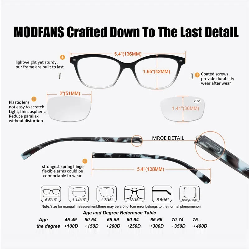 MODFANS Reading Glasses For Women Small Face Readers Classic Frame Stylish Eyeglasses with Spring Hinge Presbyopic Glasses