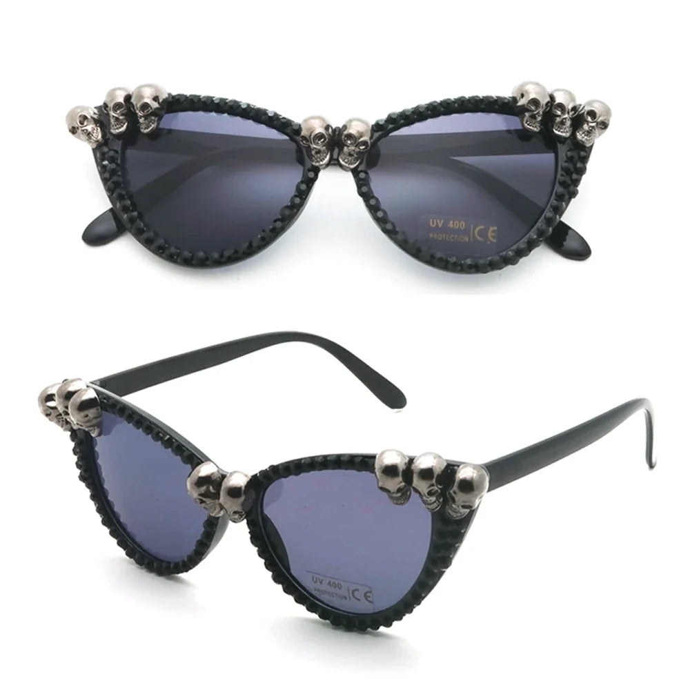 Women Vintage Skull Sunglasses Black Rhinestone Retro Cat Eye Sun Glasses for Ladies Round Gothic Halloween Shades