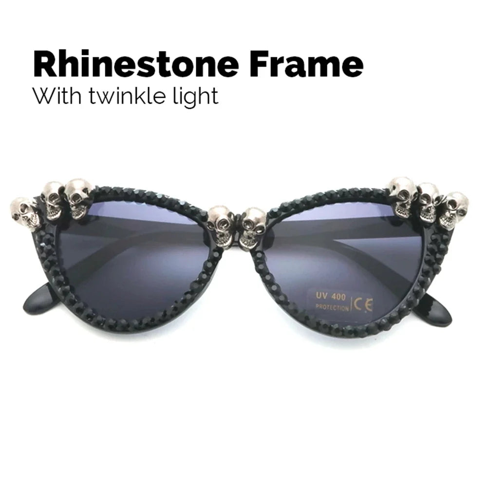 Women Vintage Skull Sunglasses Black Rhinestone Retro Cat Eye Sun Glasses for Ladies Round Gothic Halloween Shades