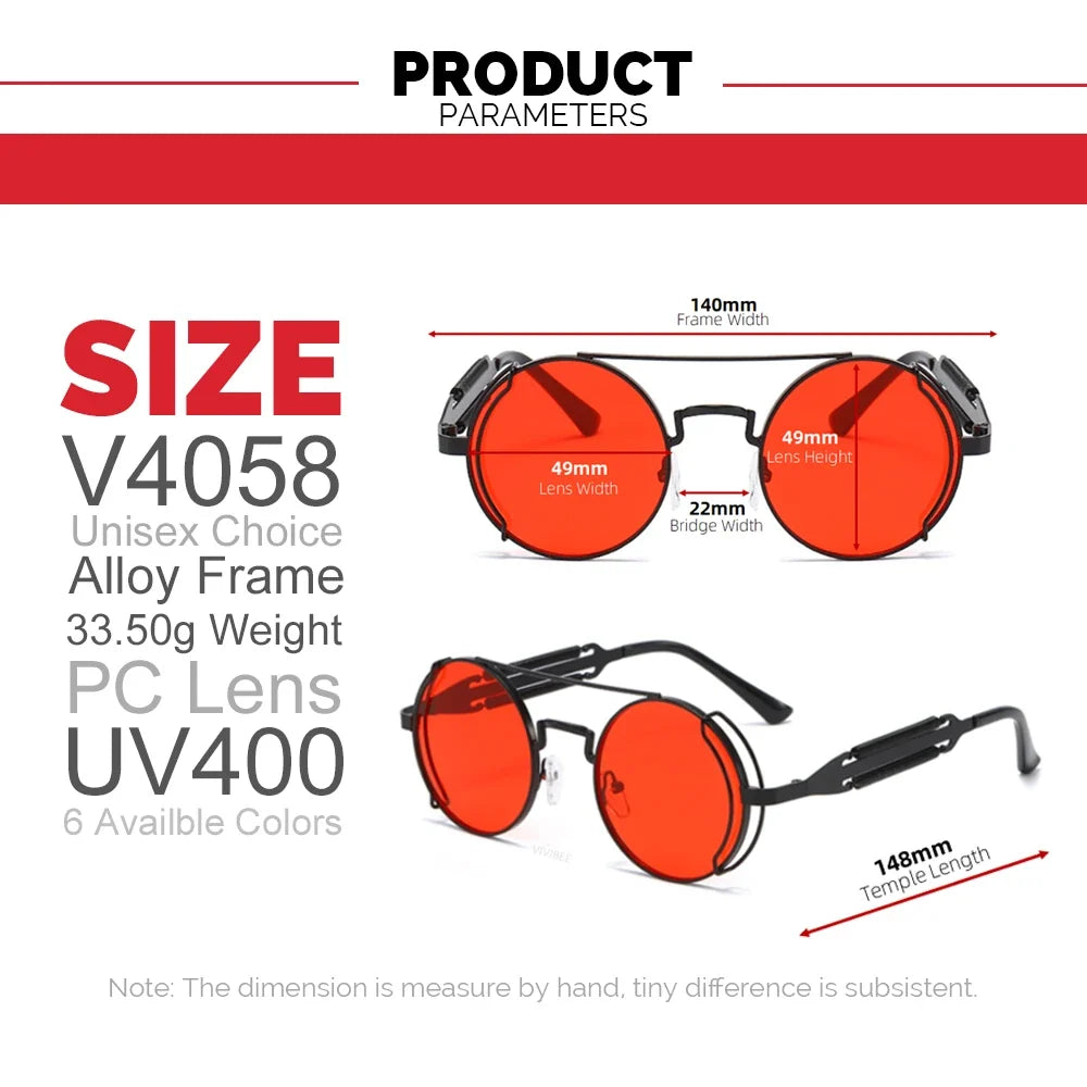 VIVIBEE Steampunk Sunglasses Men Round Red Lens Punk Sun Glasses Black Metal Gothic Style 2026 New Products Women UV400 Shades
