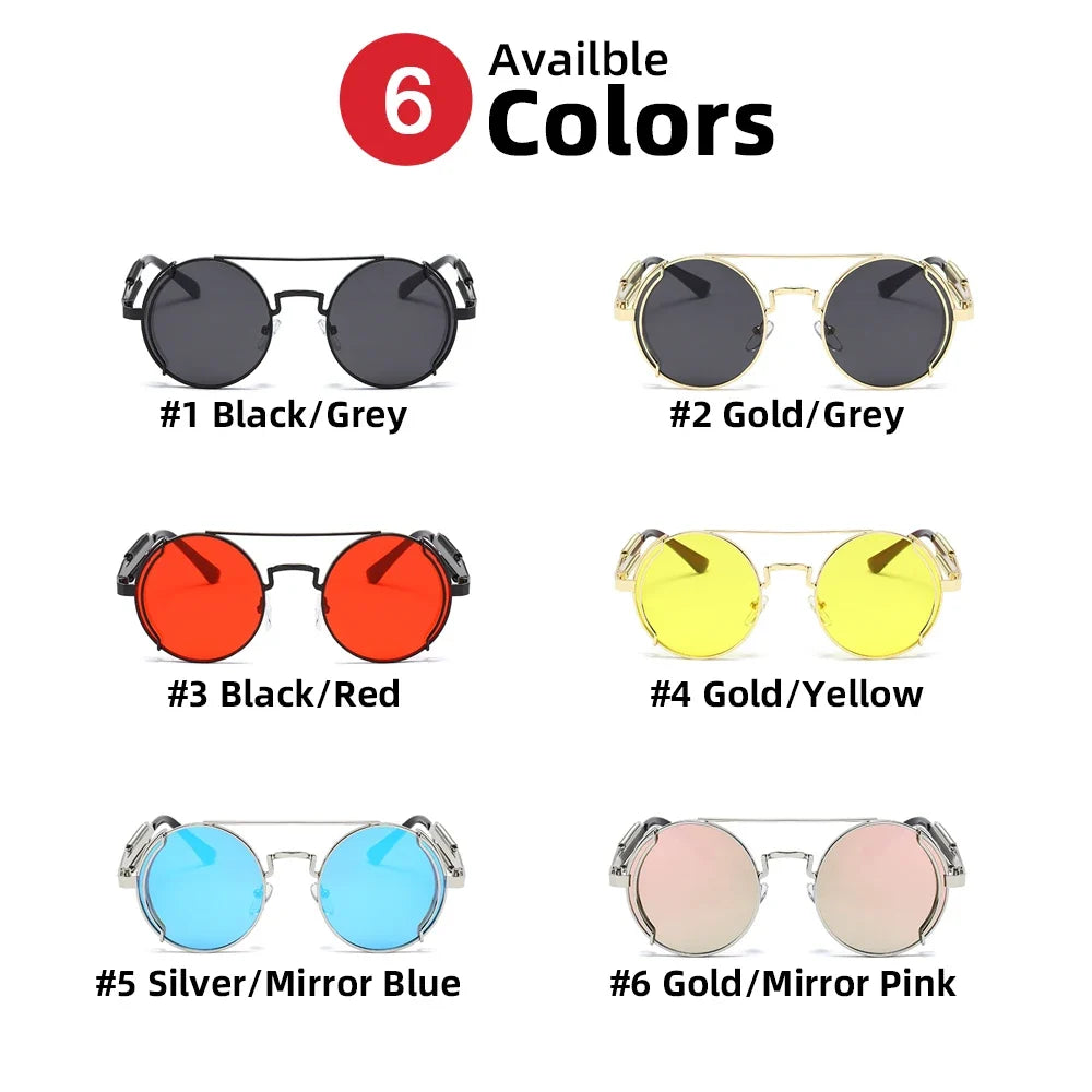 VIVIBEE Steampunk Sunglasses Men Round Red Lens Punk Sun Glasses Black Metal Gothic Style 2026 New Products Women UV400 Shades