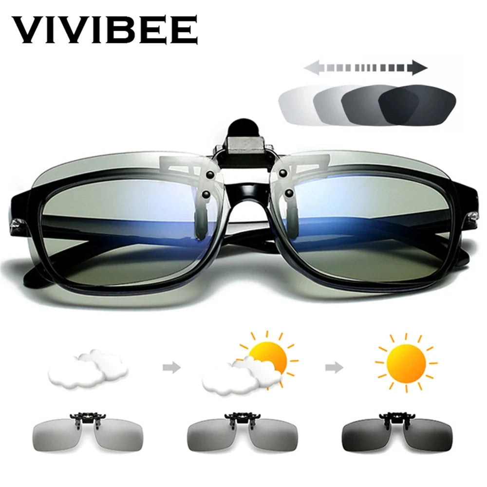 VIVIBEE Polarized Square Flip Up Clip on Sunglasses for Night Driving Lens Men Photochromic Women Fishing Sun Glasses