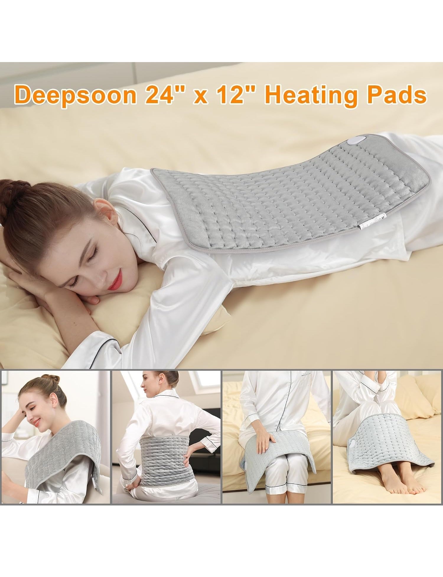 Deepsoon Heating Pad 24 x 12 Inch Electric 6 Heat Settings 4 Timers Light Gray