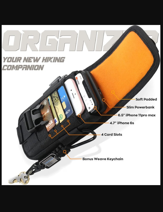 Tactical MOLLE Phone Pouch for 4.7 to 6.7 in Phones, Compass Buckle, Black, with Flag Patch and Keychain