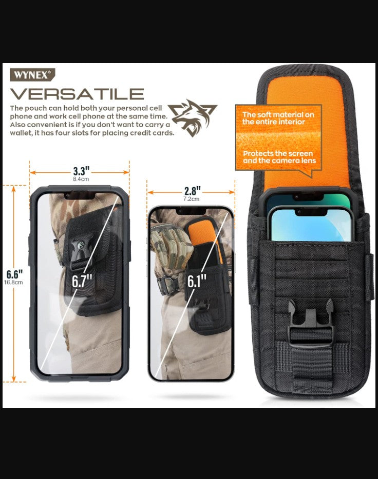 Tactical MOLLE Phone Pouch for 4.7 to 6.7 in Phones, Compass Buckle, Black, with Flag Patch and Keychain