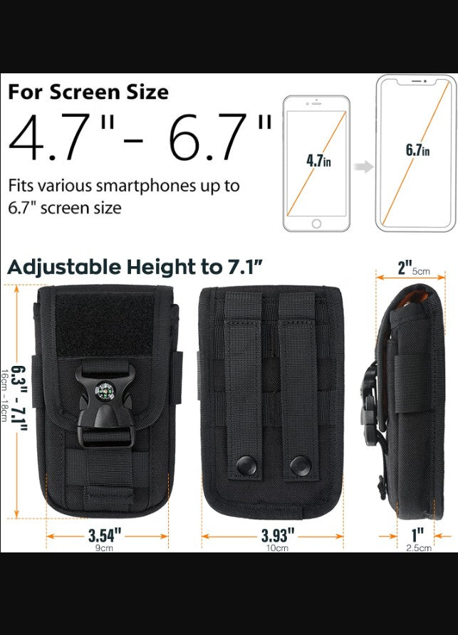 Tactical MOLLE Phone Pouch for 4.7 to 6.7 in Phones, Compass Buckle, Black, with Flag Patch and Keychain