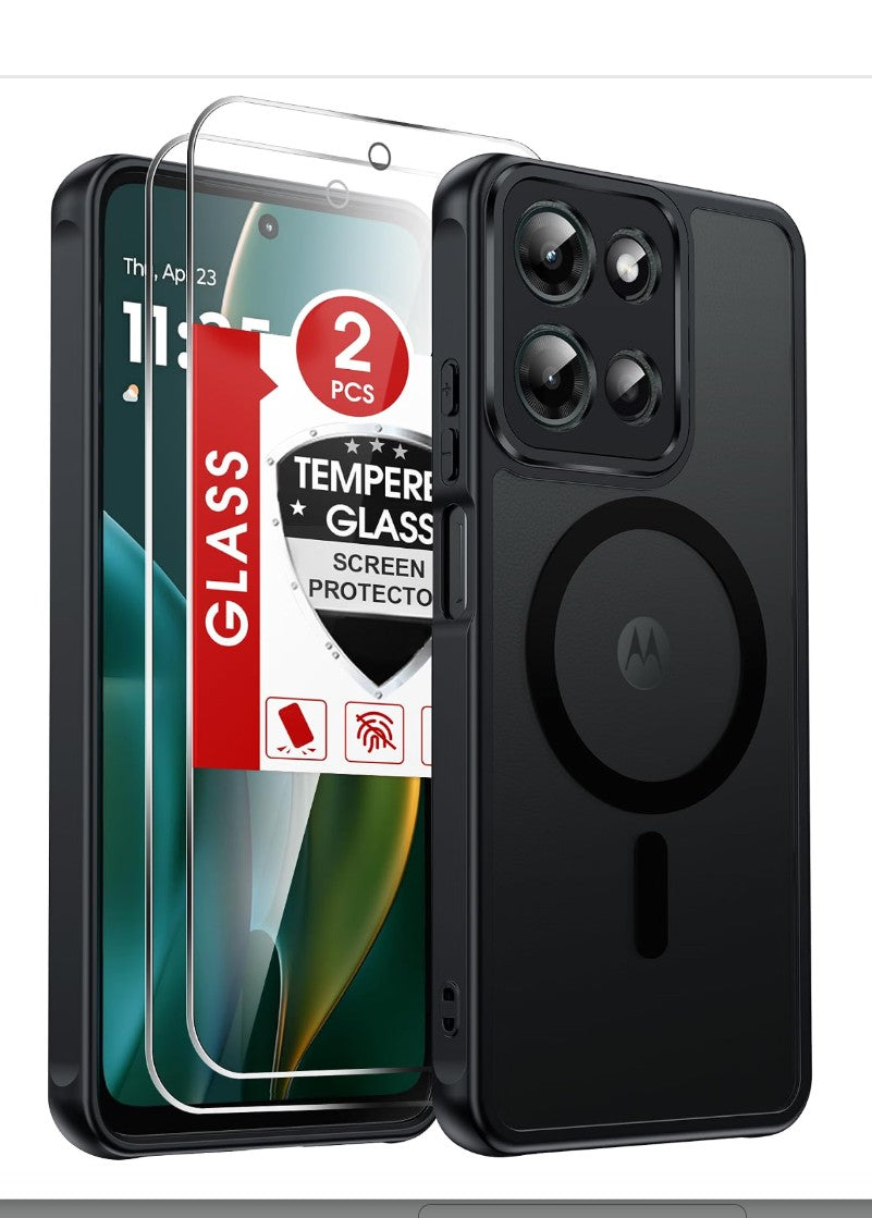 Case for Moto G 5G 2025 with 2 Tempered Glass Screen Protectors, Magnetic Ring, Matte Translucent Black