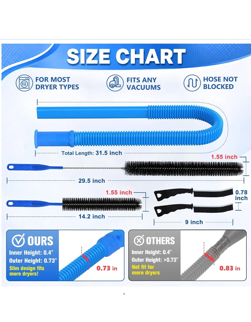 Dryer Vent Cleaner Kit, Vacuum Hose Attachment with Lint Brushes, 5 Piece, Blue