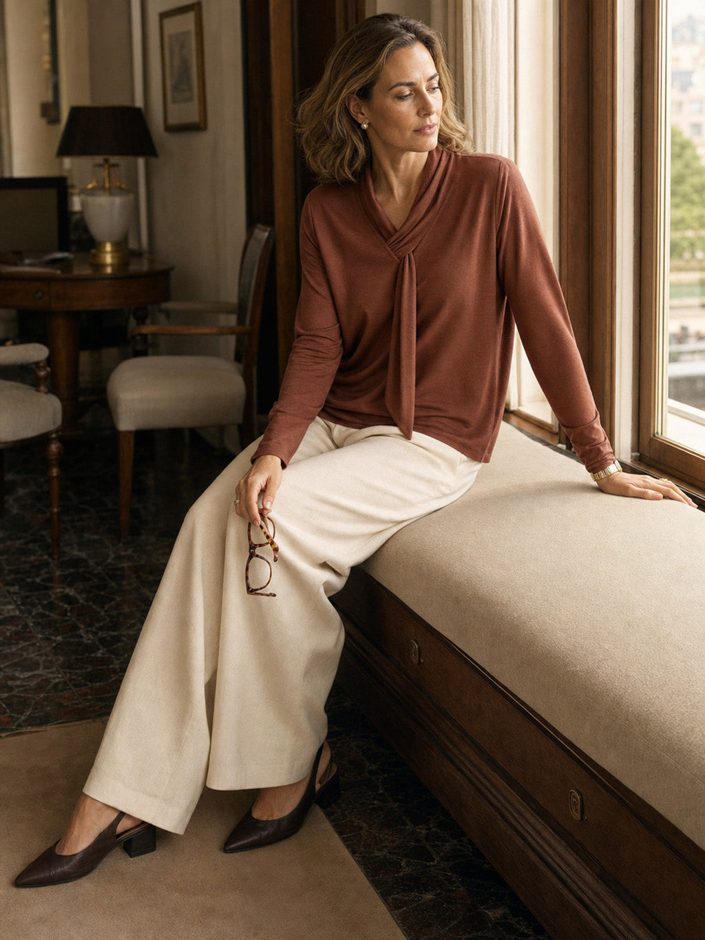 Wool Scarf Collar Long Sleeve Top ALESSIA