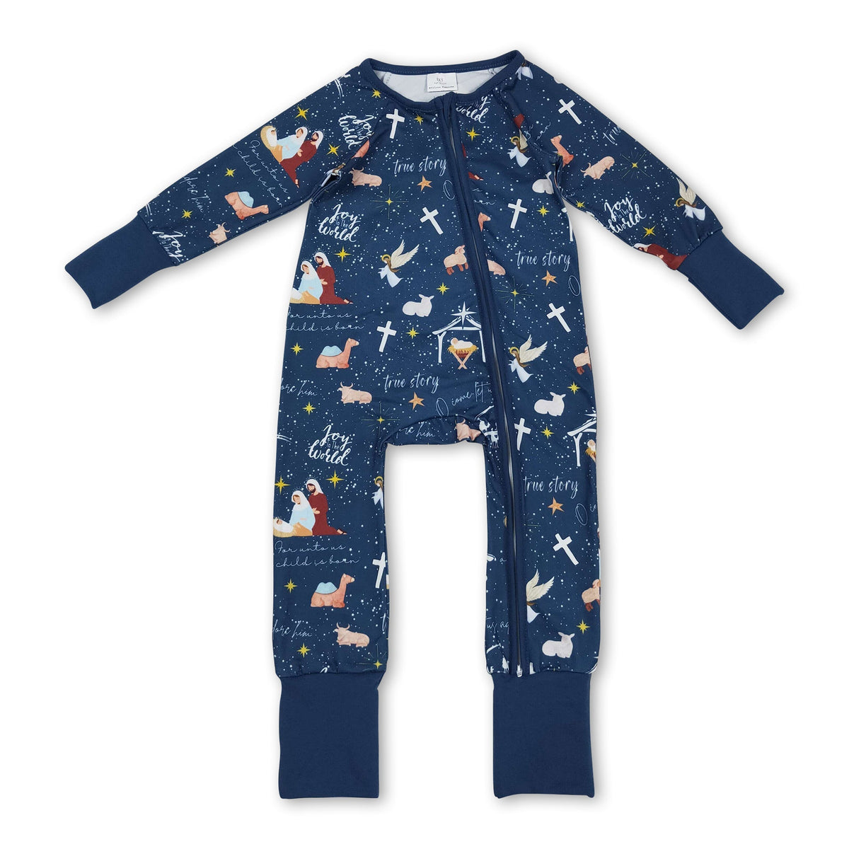 Blue long sleeves cross nativity baby Christmas zip romper