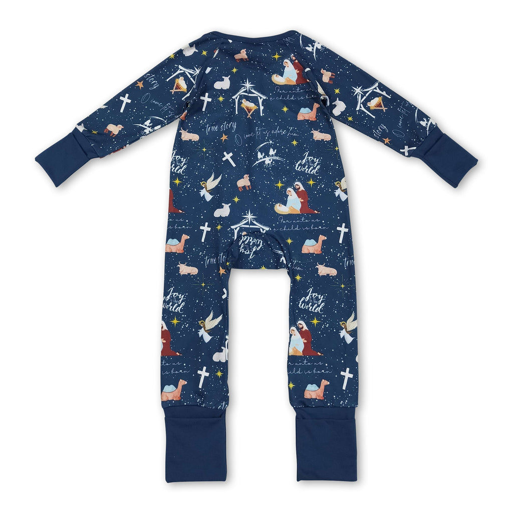 Blue long sleeves cross nativity baby Christmas zip romper