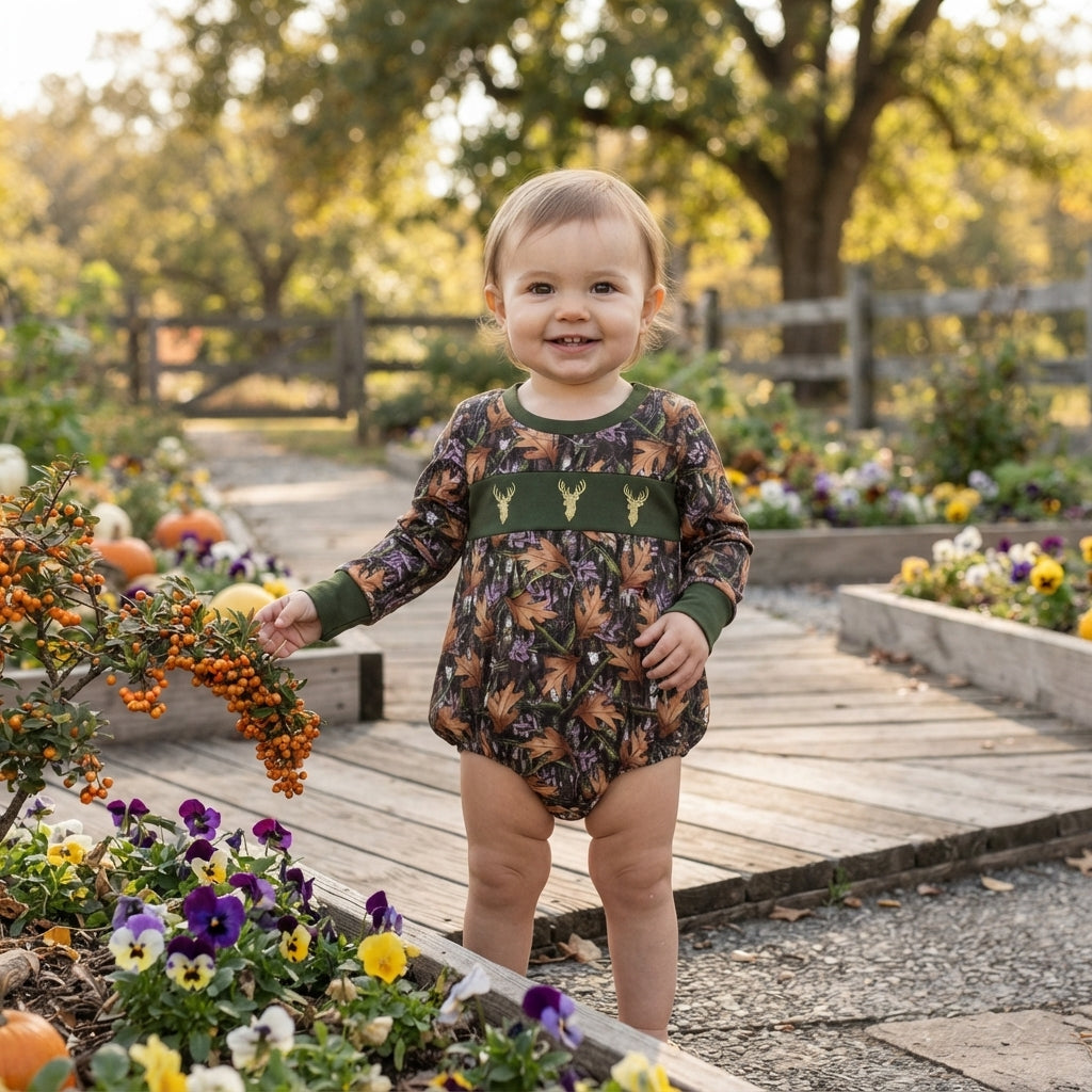 deer smock long sleeves leaves baby boy romper