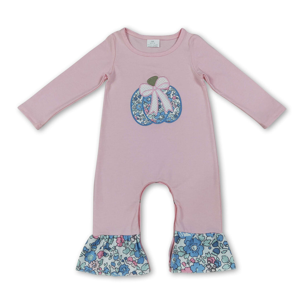 Pink cotton floral bow embroidery girls fall romper