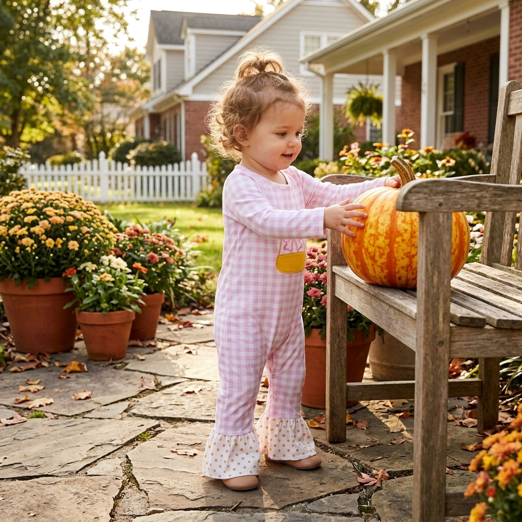 Pink plaid candy corn embroidery girls Halloween romper