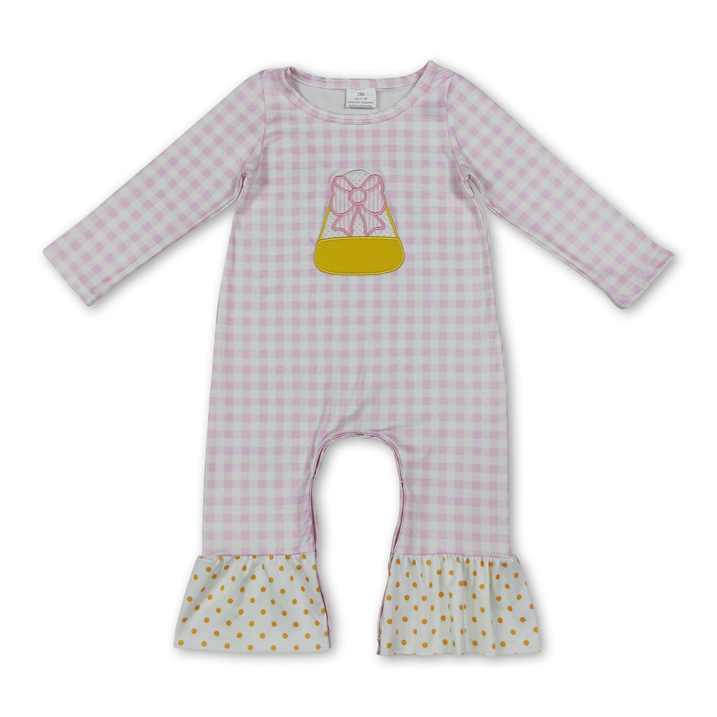 Pink plaid candy corn embroidery girls Halloween romper