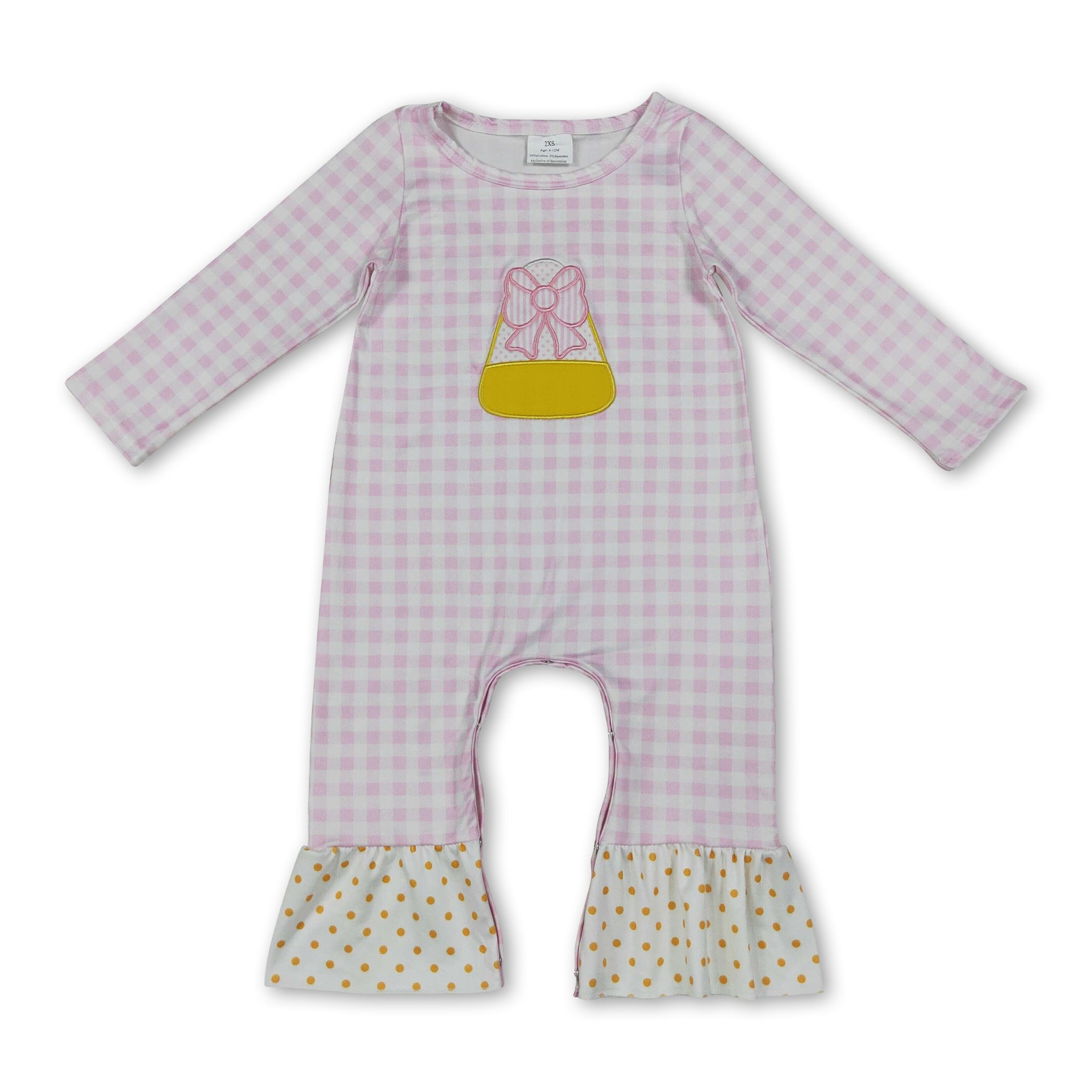 Pink plaid candy corn embroidery girls Halloween romper