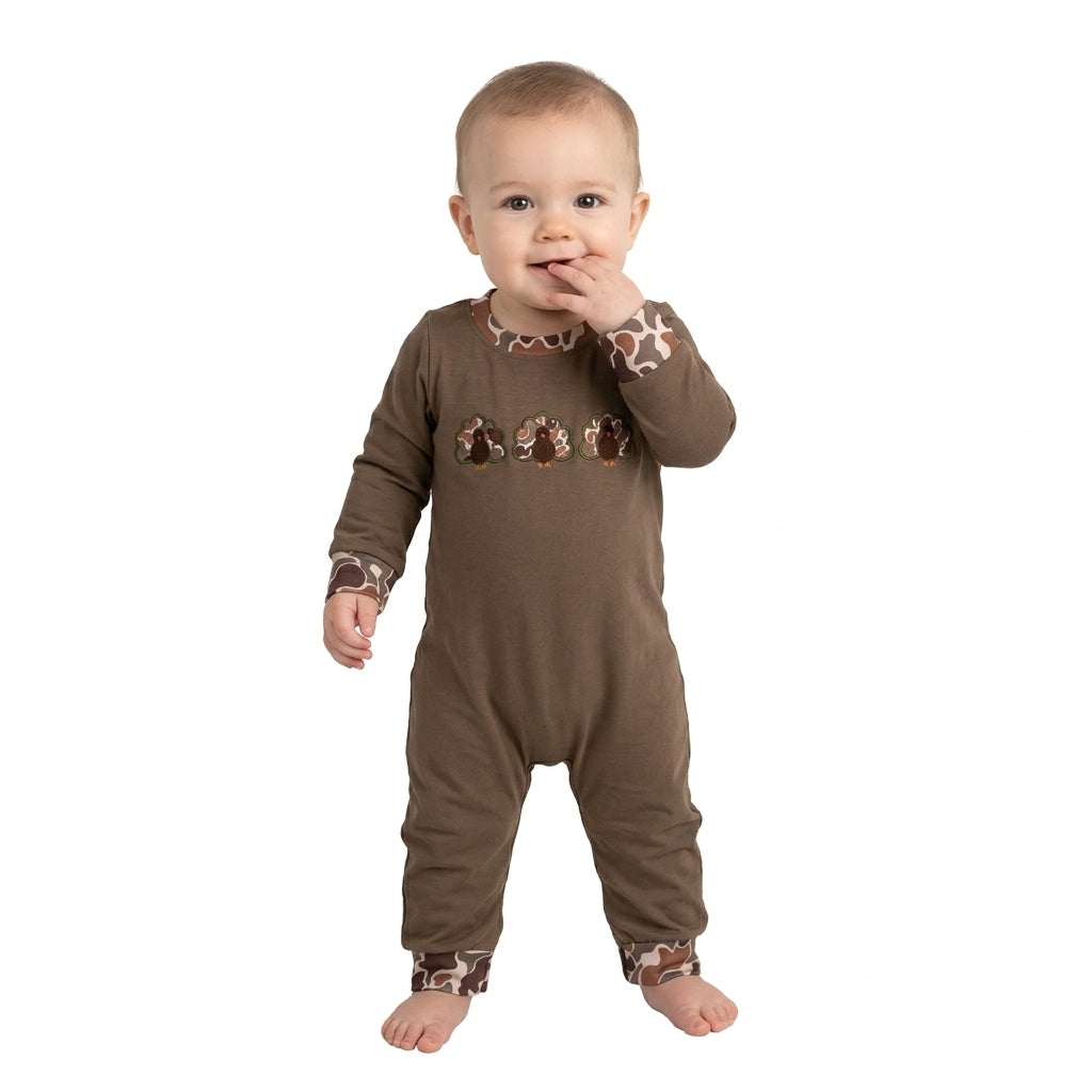 Turkey camo embroidery baby boy Thanksgiving romper