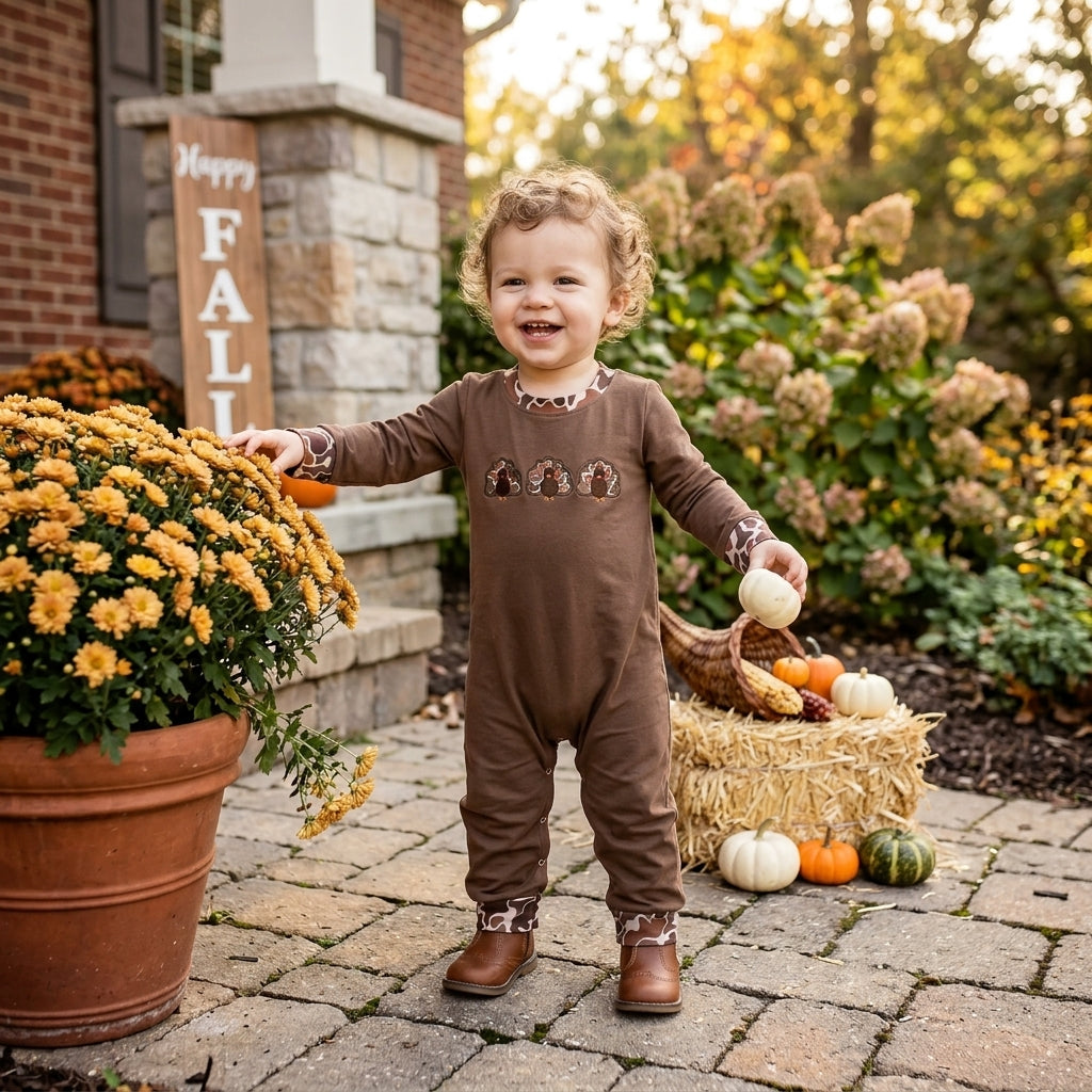 Turkey camo embroidery baby boy Thanksgiving romper