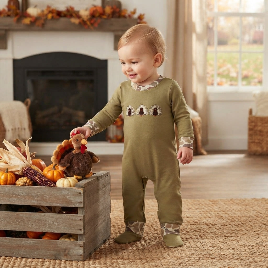 Turkey camo embroidery boy Thanksgiving romper
