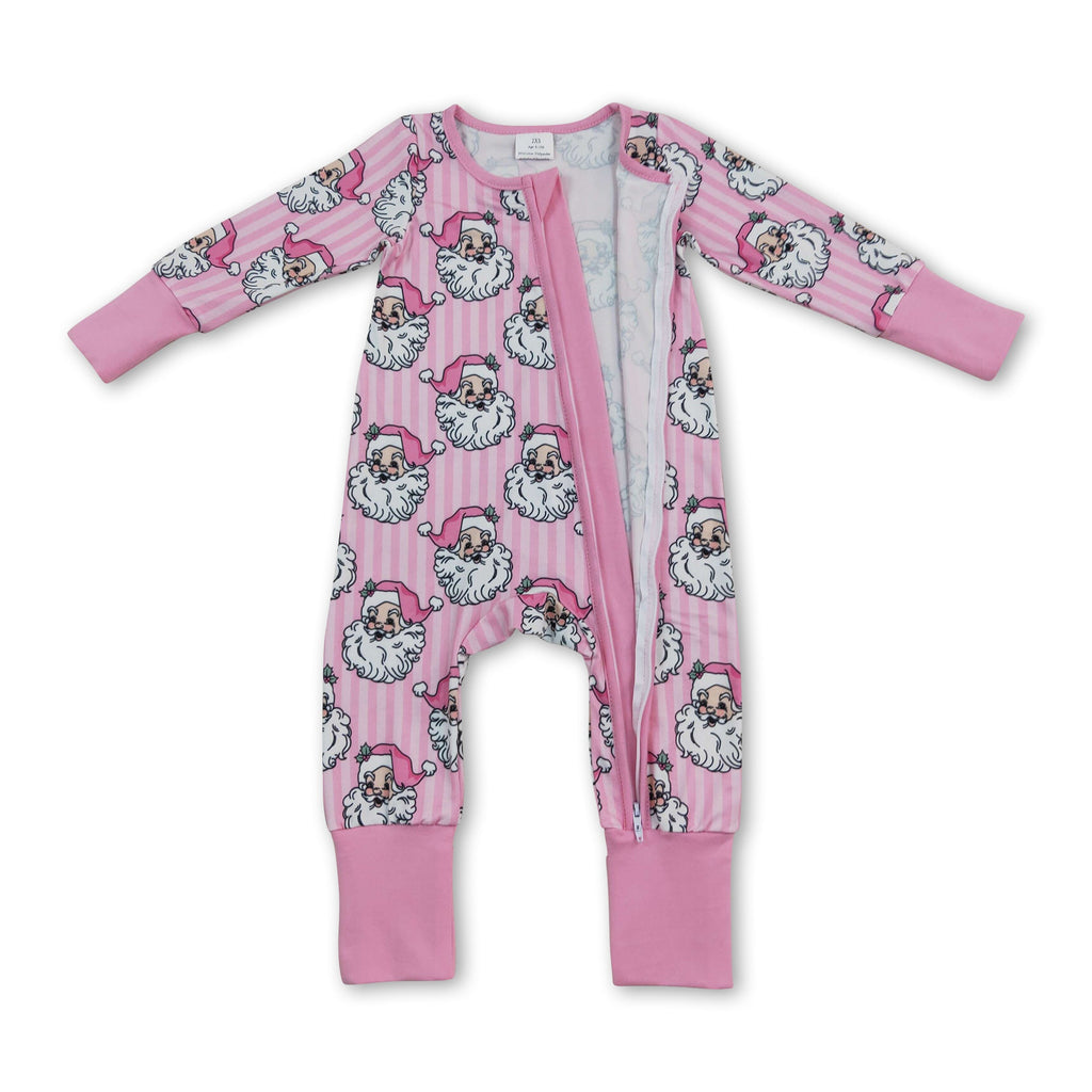 Pink stripe santa baby girls Christmas zipper romper