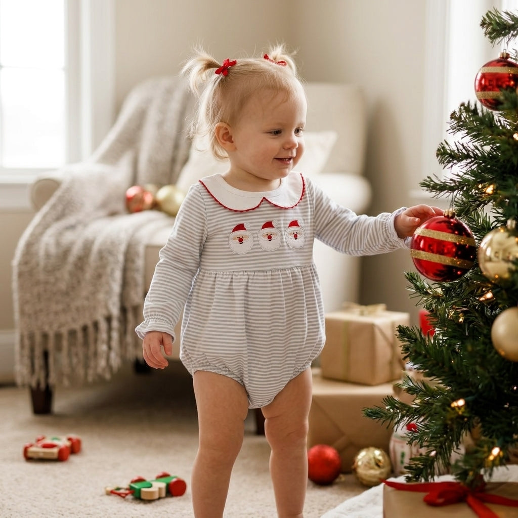 Stripe santa embroidery baby girls Christmas romper