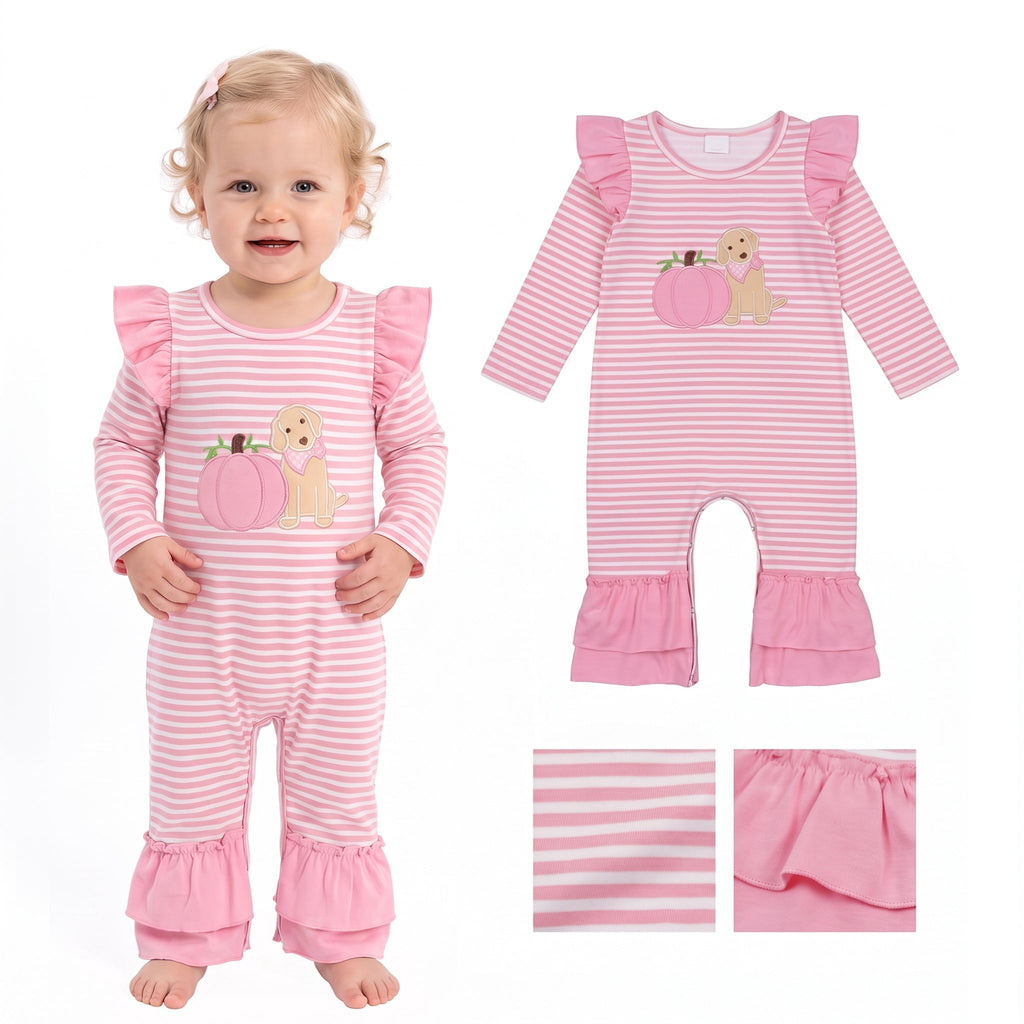 Pumpkin dog embroidery stripe baby girls fall romper