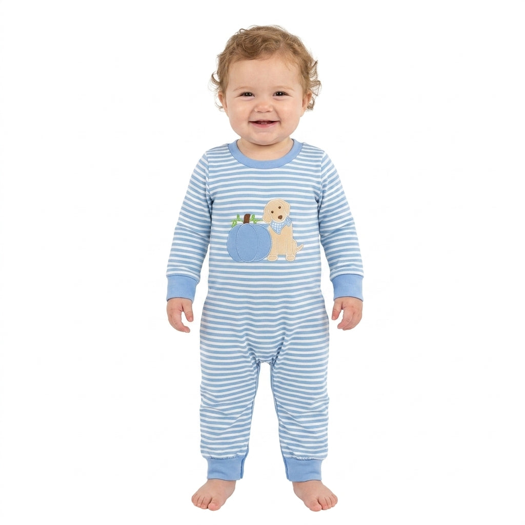 Long sleeves stripe pumpkin dog baby boy fall romper