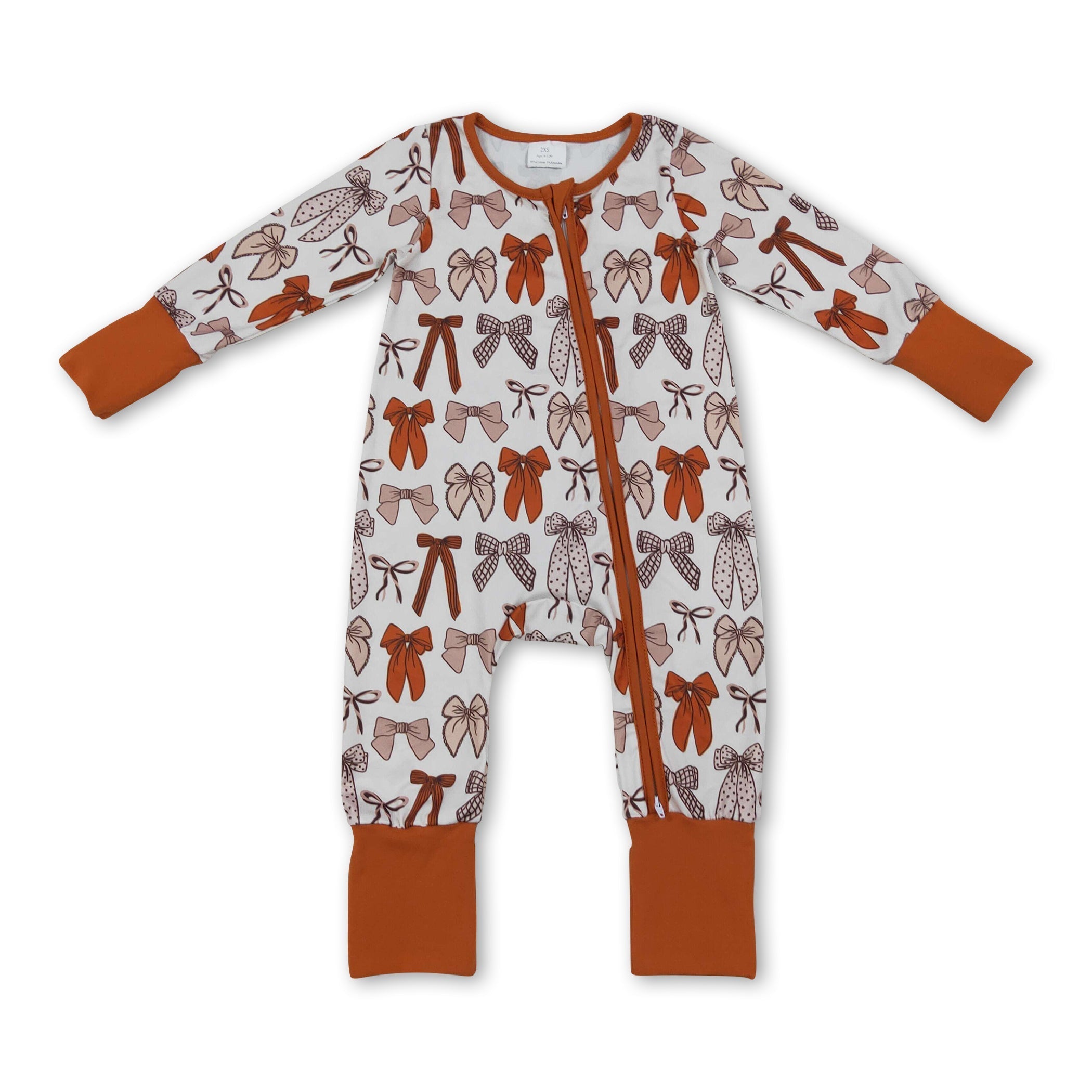 Brown bow baby girls Thanksgiving zipper romper