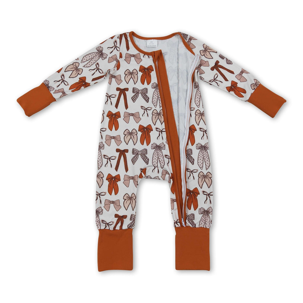 Brown bow baby girls Thanksgiving zipper romper