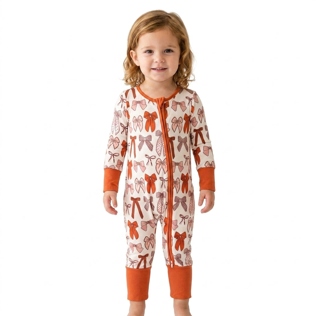 Brown bow baby girls Thanksgiving zipper romper