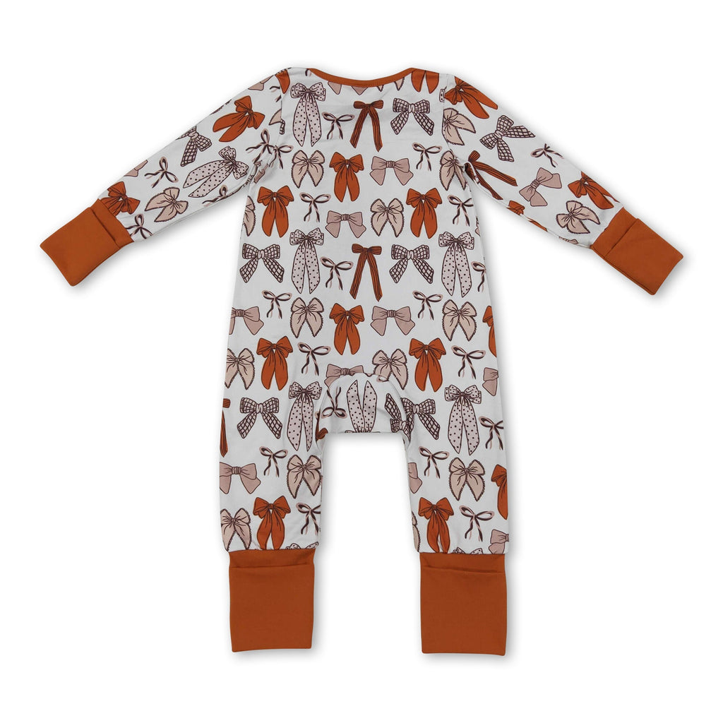 Brown bow baby girls Thanksgiving zipper romper