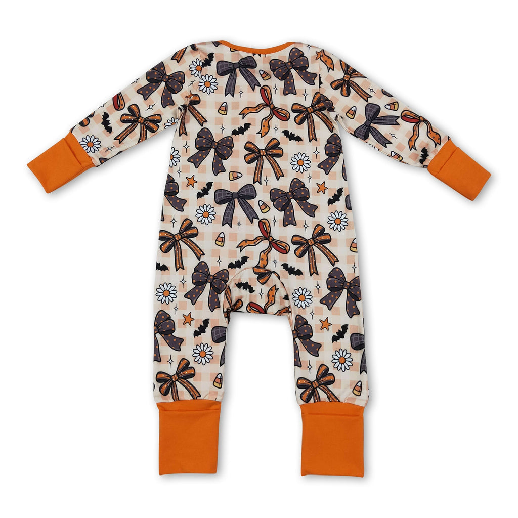 Plaid bow candy corn baby Halloween zipper romper