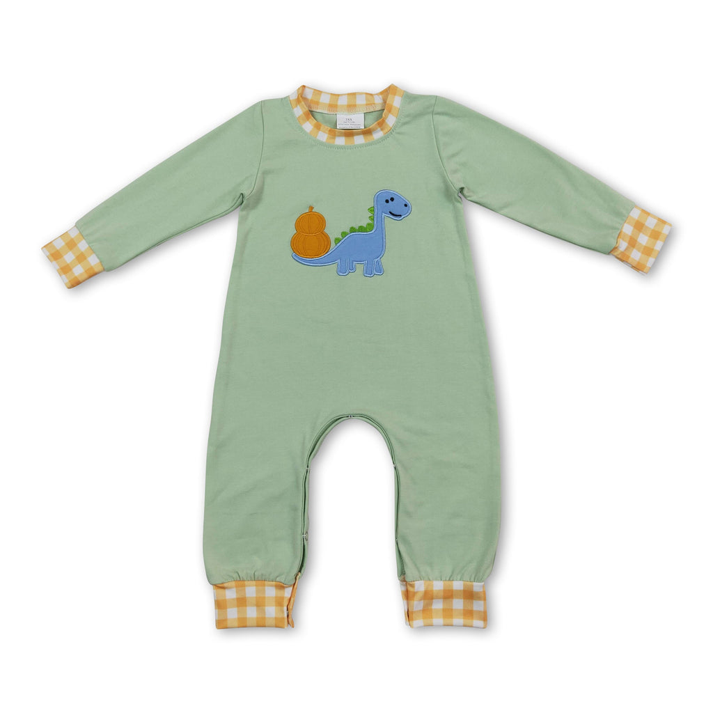 Dinosaur pumpkin embroidery baby boy fall romper