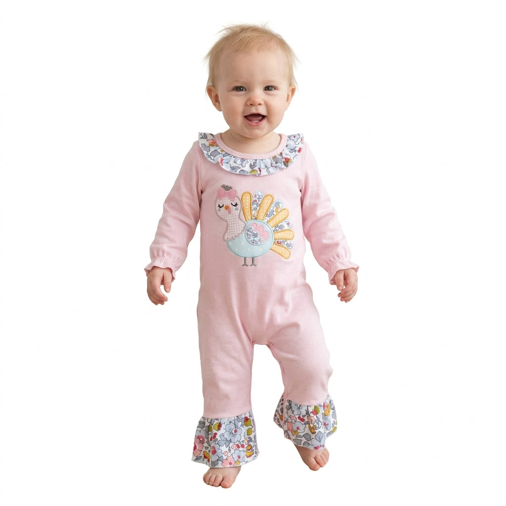 Turkey embroidery floral ruffle baby girls Thanksgiving romper