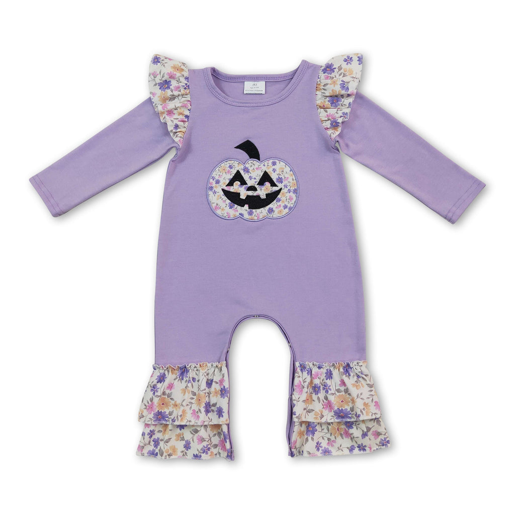Lavender pumpkin floral embroidery girls Halloween romper