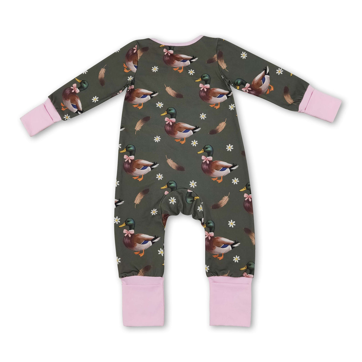 Pink long sleeves duck bow floral baby girls zipper romper