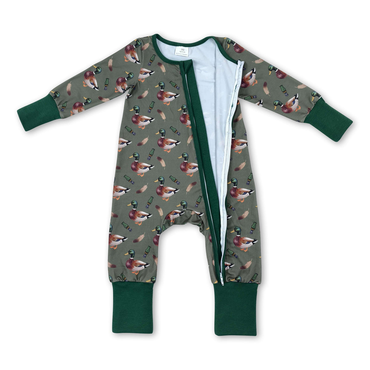Green long sleeves duck call baby boys zipper romper