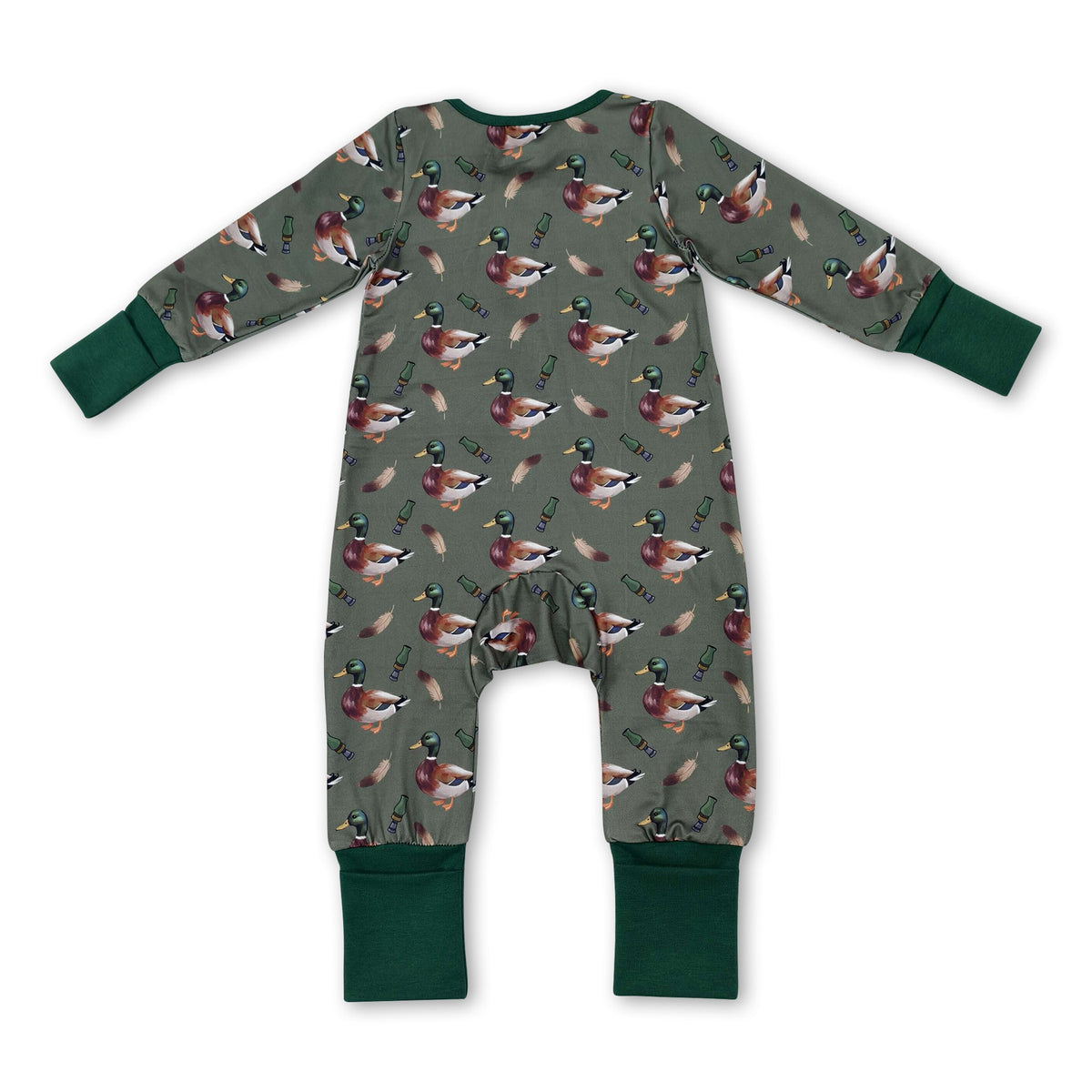 Green long sleeves duck call baby boys zipper romper