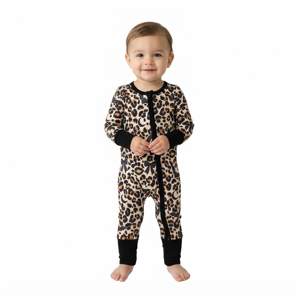 Long sleeves leopard bat moon baby Halloween zipper romper