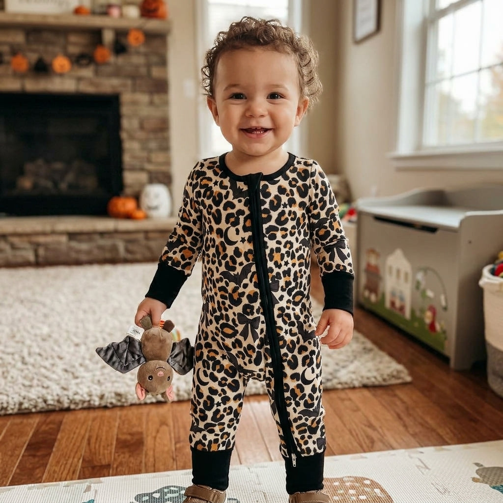 Long sleeves leopard bat moon baby Halloween zipper romper