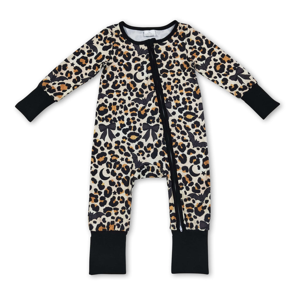 Long sleeves leopard bat moon baby Halloween zipper romper