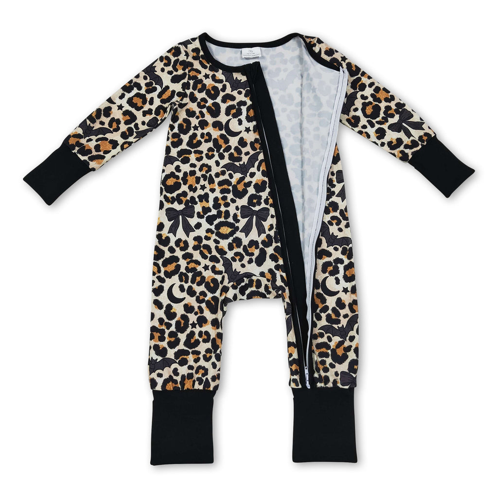 Long sleeves leopard bat moon baby Halloween zipper romper