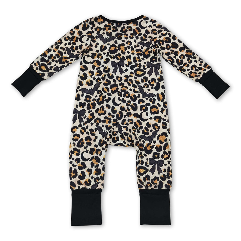 Long sleeves leopard bat moon baby Halloween zipper romper