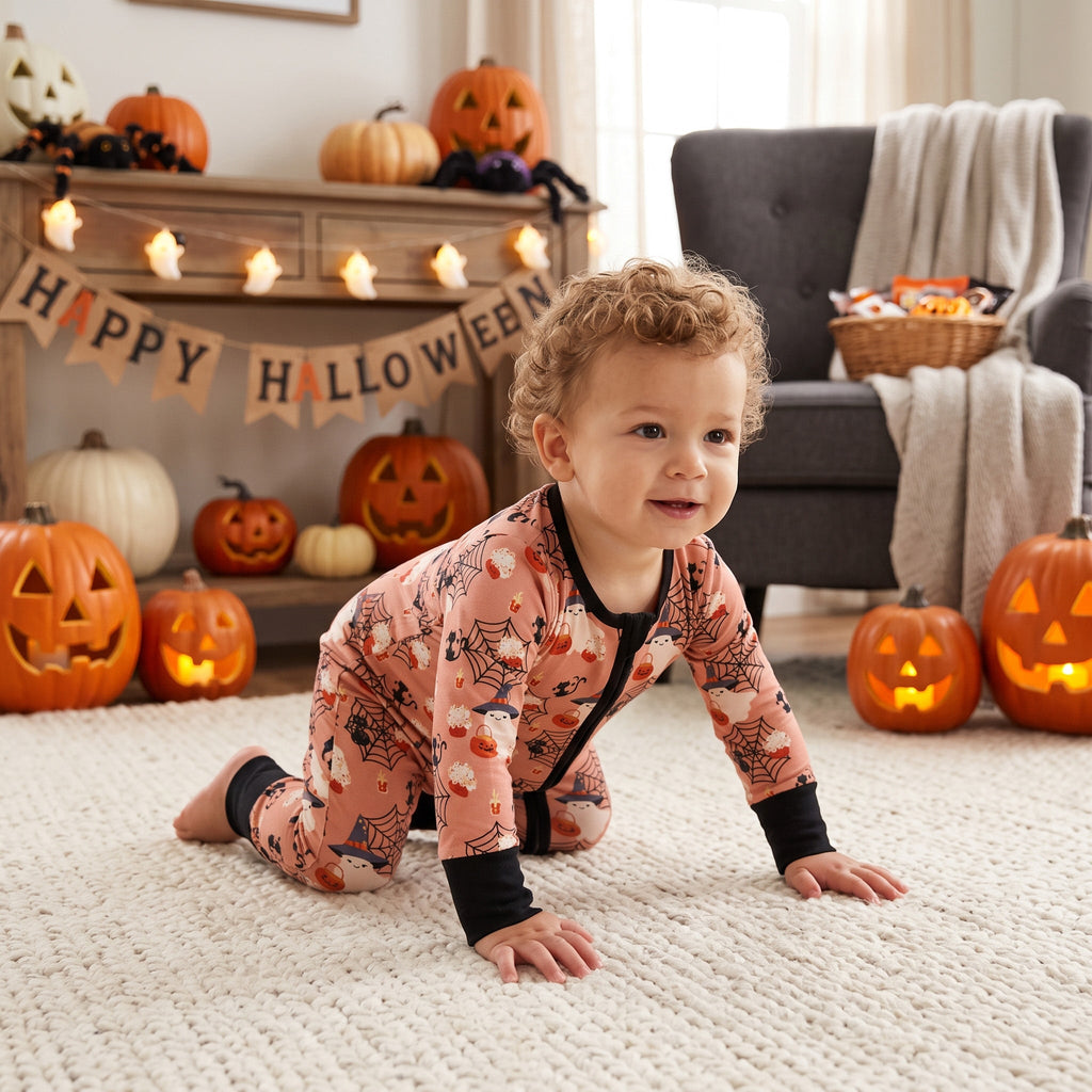 Pumpkin ghost baby boy Halloween zipper romper