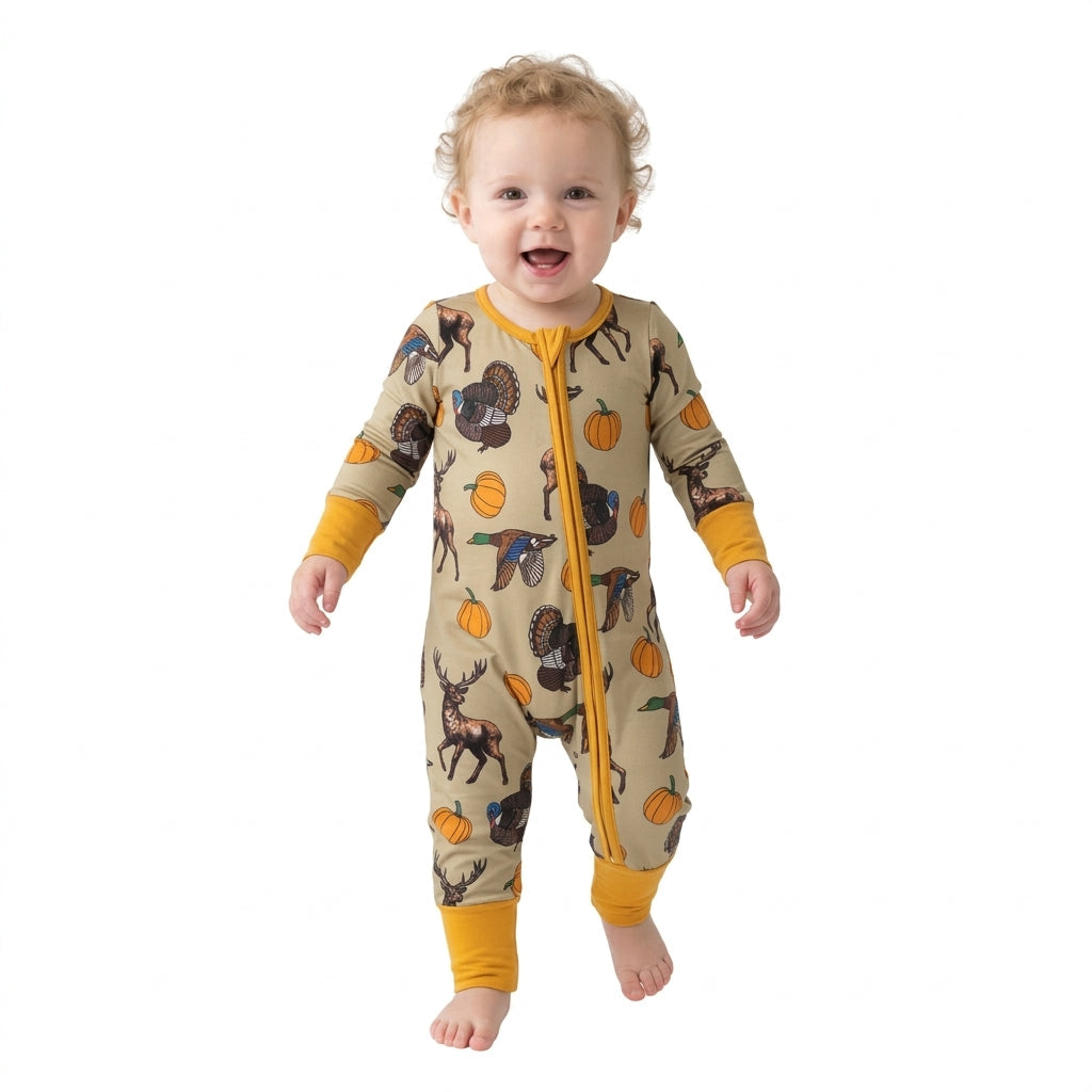 Duck deer turkey pumpkin baby boy fall zipper romper